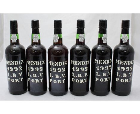 Six bottles of Mendiz 1992 L.B.V. Port, ulage mid neck and capsules good to all six