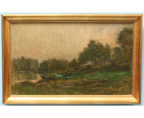 Charles Francois Daubigny (1817-1878) French.  River landscape, unsigned, oil sketch on wooden panel, 33x55cm, in cavetto gil