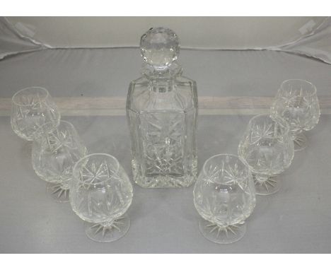 Cut glass decanter and six matching brandy balloons