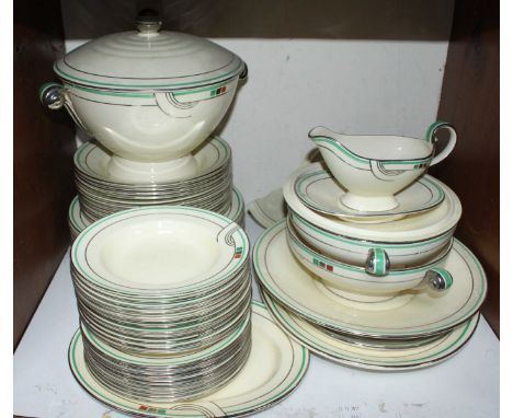 SECTION 11.  A Spode Art Deco 'Royal Jasmine' dinner service with banded silver and green decoration on off-white ground comp