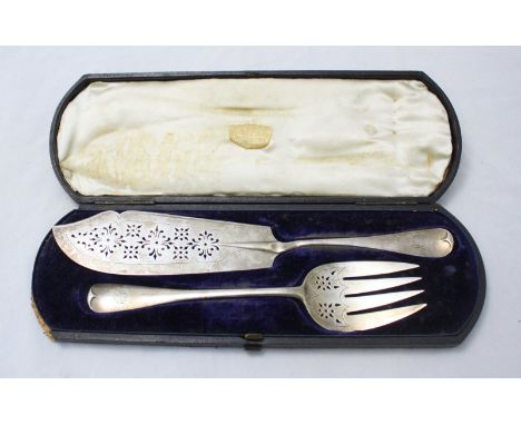 A Victorian silver fish-serving knife and fork, Old English pattern, with pierced blades, London, 1884, 335grms, in original 