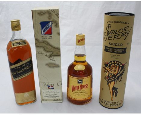 A litre bottle of Johnny Walker Black Label Extra Special Scotch Whisky and White Horse 75cl bottle of Fine Old Scotch Whisky