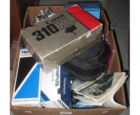 Box of assorted, mainly camera and equipment, various, to include: Canon 310XL; Prinzflex 500E; Tamron macro zoom; manuals; G