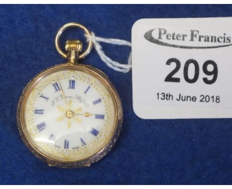 14ct gold outer cased, bright cut engraved, foliate decorated fob watch with ceramic face, having Roman numerals and keyless 