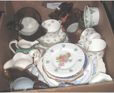 Box of assorted china to include: copper lustre dresser jugs; Aynsley 'Thistle' design part teaware; various plates; Continen