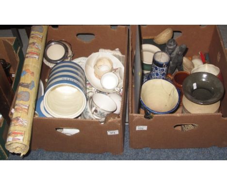 Two boxes of assorted items, mainly china to include: Royal Albert Beatrix Potter Hunca Munca moneybox, various floral teawar