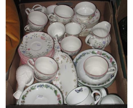 Box of china to include: Johnson's & Bros part tea service, various other floral teaware, Royal Worcester part tea service et