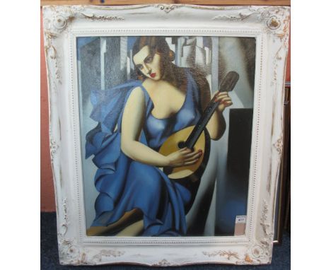 After Tamara Lempika, portrait of female mandolin player in an art deco landscape, oils on board.  60 x 50 cm approximately.F