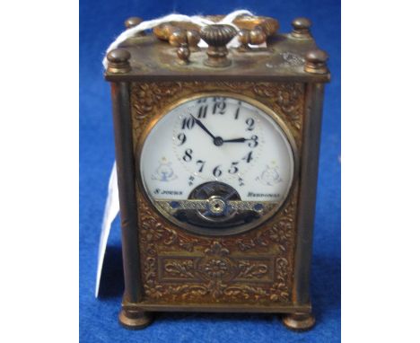 Small French Bell Epoch design gilt metal carriage clock, the case relief decorated with panels of figures within foliate fra