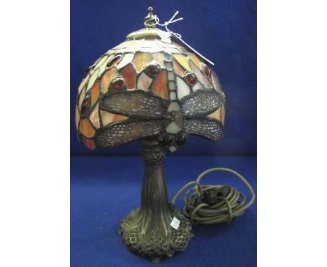 Small Tiffany type bronzed metal table lamp with dragonfly shade.  35cm high.(B.P. 24% incl. VAT)