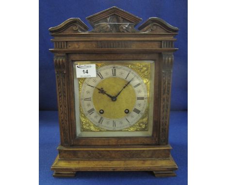 Mid 20th Century German walnut cased, two train, architectural mantel clock with brass face, having silvered chapter ring and