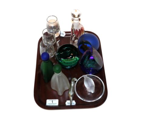 A tray of art glass including three Caithness paperweights, a Lalique ring stand and three assorted scent bottles 