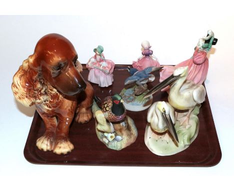 A tray including a Goebel Spaniel dog, Royal Crown Derby pheasant, Katchutz china figure; two Royal Doulton figures etc 