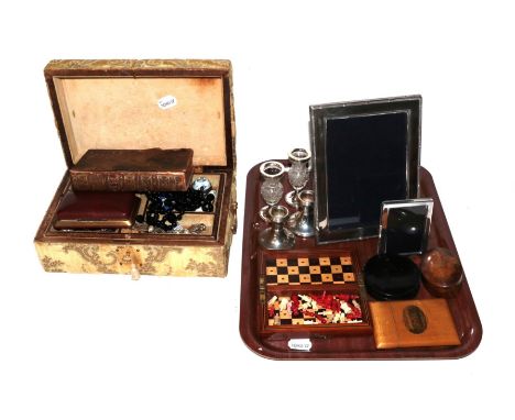 Sundry small items, including two silver-faced frames, a pair of filled candle sticks and glass vases, snuff boxes, Mauchline