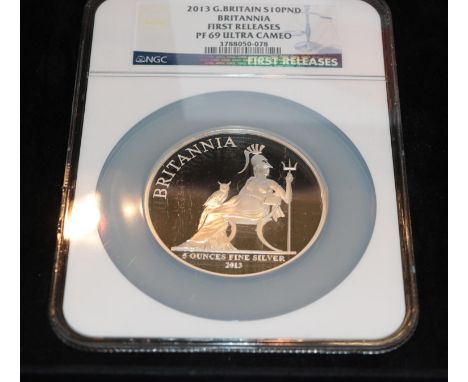 Silver Proof 'Britannia' £10 2013, 'First Strike' presentation coin; obv. Rank-Broadley portrait of the Queen, rev. seated Br