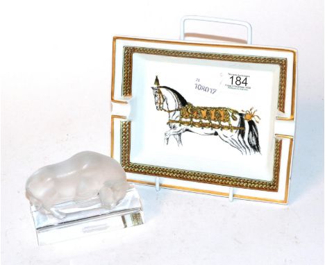 A Lalique glass bull and Hermes porcelain horse ashtray 