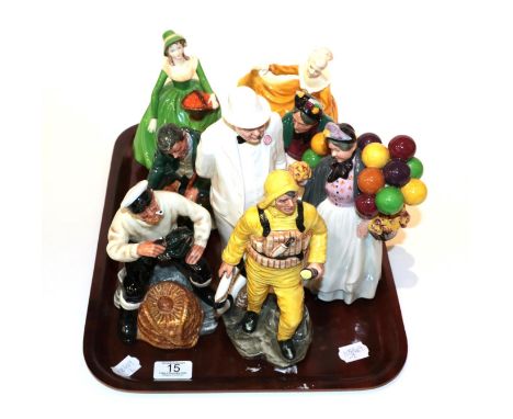 A collection of Royal Doulton figures comprising Lobster man HN2323, Lifeboat man HN2764, Winston Churchill HN3057, The Maste