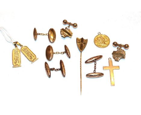 Two pairs of 9 carat gold cufflinks; a pair of cufflinks stamped '9CT'; a 9 carat gold cross pendant; a 9 carat gold St Chris