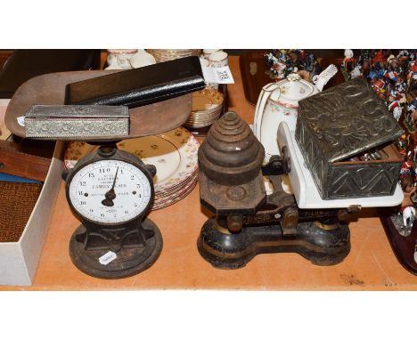 Two sets of scales, with weights; together with geometry set, a tobacco box containing corkscrews, thimbles etc (qty)
