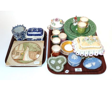 A Minton's hand-painted tile together with eight Royal Worcester green glaze plates and various other pottery and porcelain (