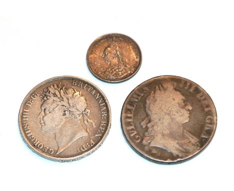 3 x Milled English Coins comprised of William III, 1695 Crown. Obv: First draped bust right. Rev: Cruciform shields, first ha