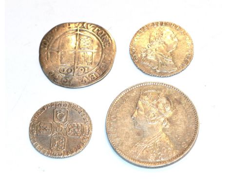 A micellany of 4 x Silver Coins consisting of: Elizabeth I, 1600 Sixpence, mintmark 0. Bust 6c facing left. S. 2578B.  Fair. 