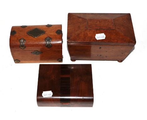 A Regency brown oak two division tea caddy, a Victorian oak brass mounted dome top tea caddy and a 1920s walnut and cross ban