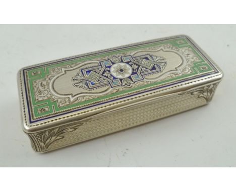 A LATE 19TH CENTURY FRENCH SILVER AND ENAMEL SNUFF BOX, engine turned decoration, the cover inlaid with blue and green, gilde