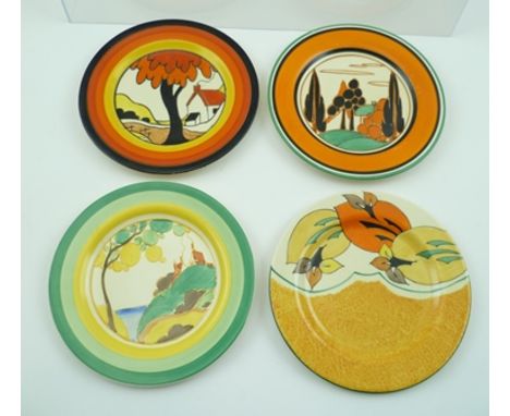 FOUR CLARICE CLIFF BIZARRE TEA PLATES, various hand-painted patterns to include, "Secrets", 15cm diameter 