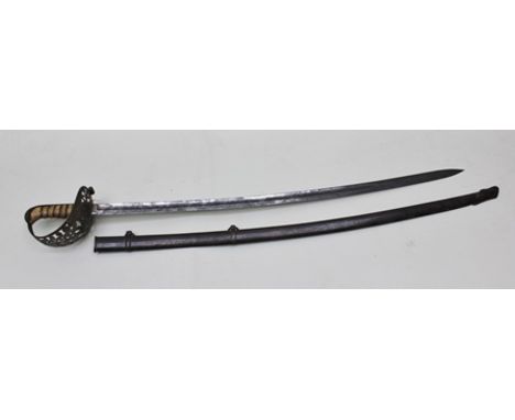 A MID 19TH CENTURY CAVALRY SABRE with fish skin and wire grip. W. Clauberg a Solingen on ricasso, 86.4cm blade, in metal scab