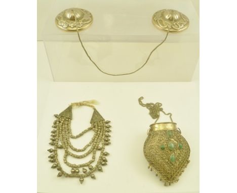 A PAIR OF DRAGON CAST CYMBALS possibly Nepalese, together with a cabochon set BOX on neck chain and one other EASTERN NECKLAC