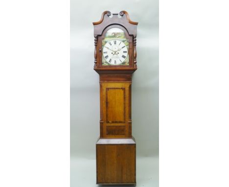 AN EARLY 19TH CENTURY OAK LONGCASE CLOCK, the arched painted dial with hunting scene decoration, named "John Thomas Newcastle