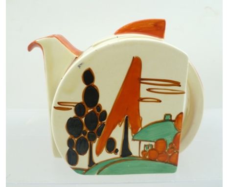 A CLARICE CLIFF BIZARRE "FANTASQUE" STAMFORD DESIGN POTTERY TEAPOT, hand painted in "red trees and house" pattern 