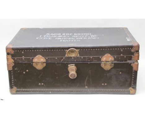 A "VICTOR" LUGGAGE TRUNK, bears inscription to top "Major RDP Brown, 1 Training Regt. R.E., Cove, Farnborough, Hants", 91cm x