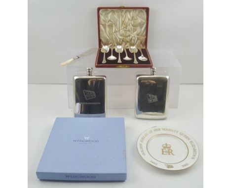 TWO PEWTER PRESENTATION 'JCB' HIP FLASKS in original boxes, together with a Wedgwood Golden Jubilee Queen Elizabeth II 1952-2