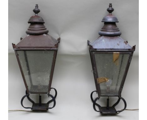 A PAIR OF VICTORIAN DESIGN COPPER FINISHED GATE PILLAR LAMPS in the style of street lamp hoods, of tapering square form with 