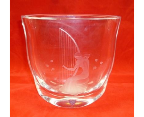 AN ORREFORS LEAD CRYSTAL VASE, engraved with a woman playing a harp by Edvin Ohrstrom, engraved script to base and no. F.2933