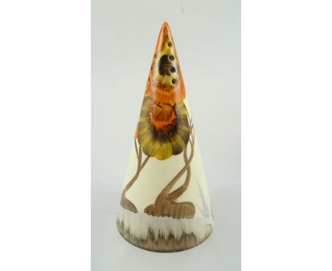 A CLARICE CLIFF BIZARRE CONICAL SUGAR SIFTER, hand-painted in Rhodanthe pattern, 14cm high 