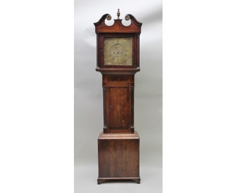 AN EARLY 19TH CENTURY OAK LONGCASE CLOCK with swan neck hood, the brass dial engraved "John Way of Newton St Loe", Roman hour