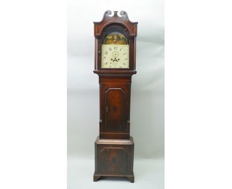 AN EARLY 19TH CENTURY OAK AND MAHOGANY LONGCASE CLOCK CABINET, hood with swan neck pediment, column mounted with an arched, p