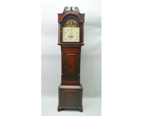 AN EARLY 19TH CENTURY OAK AND MAHOGANY LONGCASE CLOCK CABINET, hood with swan neck pediment, column mounted with an arched, p