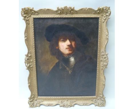 IN THE MANNER OF REMBRANDT A copy "Self Portrait" (with visible armour at neck), Oil painting on canvas, 60cm x 44cm, in orna