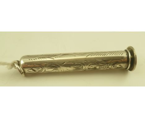 FRANCIS WEBBA SILVER PIPE CLEANER, PIERCER AND TAMPER, the slip case with acanthus leaf decoration, fitted suspension ring, B