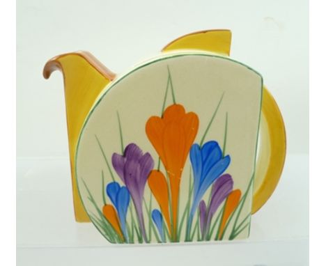 A CLARICE CLIFF BAZARRE TEAPOT, Stamford shape, hand painted in crocus pattern 