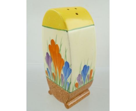 A CLARICE CLIFF BIZARRE SUGAR SIFTER of Bonjour shape, hand painted in crocus pattern, 13cm high 