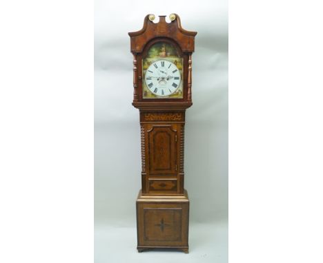 A GEORGE III OAK LONGCASE CLOCK, the arched painted dial with white face, Roman numerals, secondary dial and date aperture, t