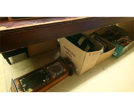 Three boxes assorted and a wall clock