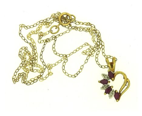 A 9ct gold 18in long chain with ruby &amp; illusion set diamond pendant with 15mm drop, 1.3g 