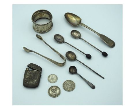 A small selection of silver items including spoons, Birmingham 1945 Rolason Bros. napkin ring, vesta case &amp; coins, 85.2g 