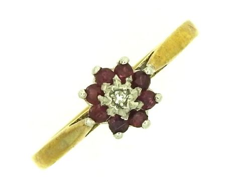 A 9ct gold ring with floral setting of small diamond &amp; ruby, 1.5g, size M/N 